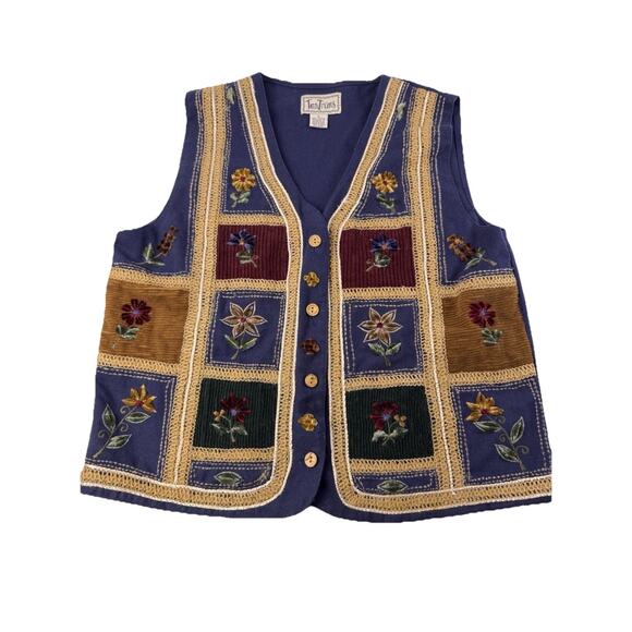 Tantrums Jackets & Blazers - Patchwork Vest with Velvet Flowers Blue Cotton Sz Medium Corduroy Embroidery
